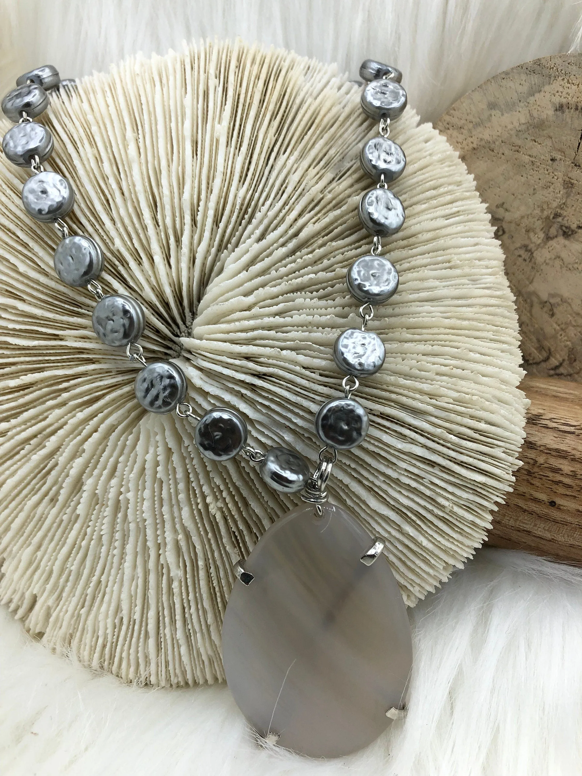 Vintage Porcelain Glass Pearl Freshwater Coin Shape Replica Beaded Chain, 10.5mm Rosary Chain, Gray, Silver pin by the Foot Fast Shipping