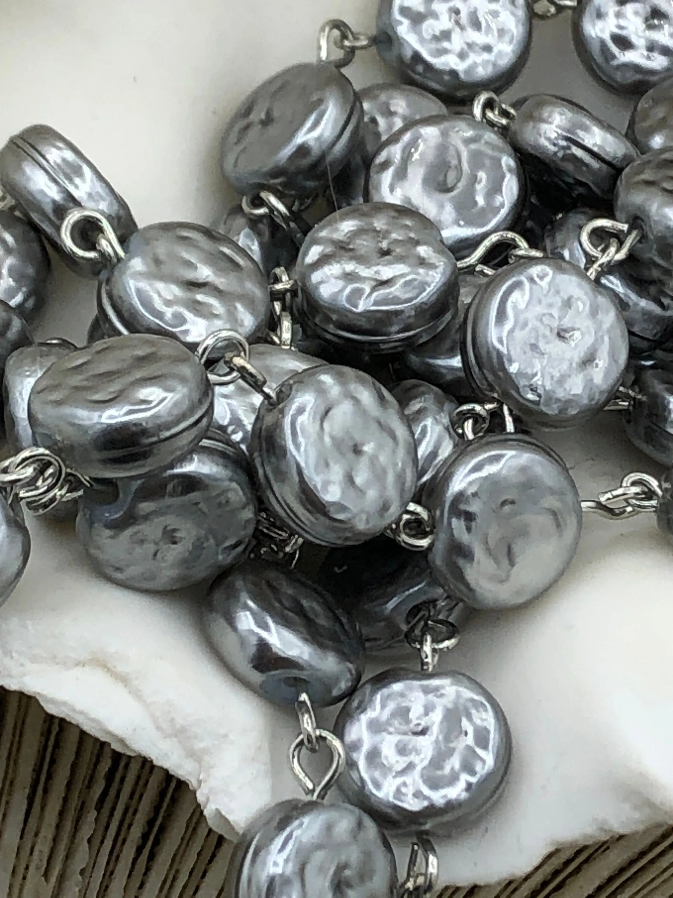 Vintage Porcelain Glass Pearl Freshwater Coin Shape Replica Beaded Chain, 10.5mm Rosary Chain, Gray, Silver pin by the Foot Fast Shipping