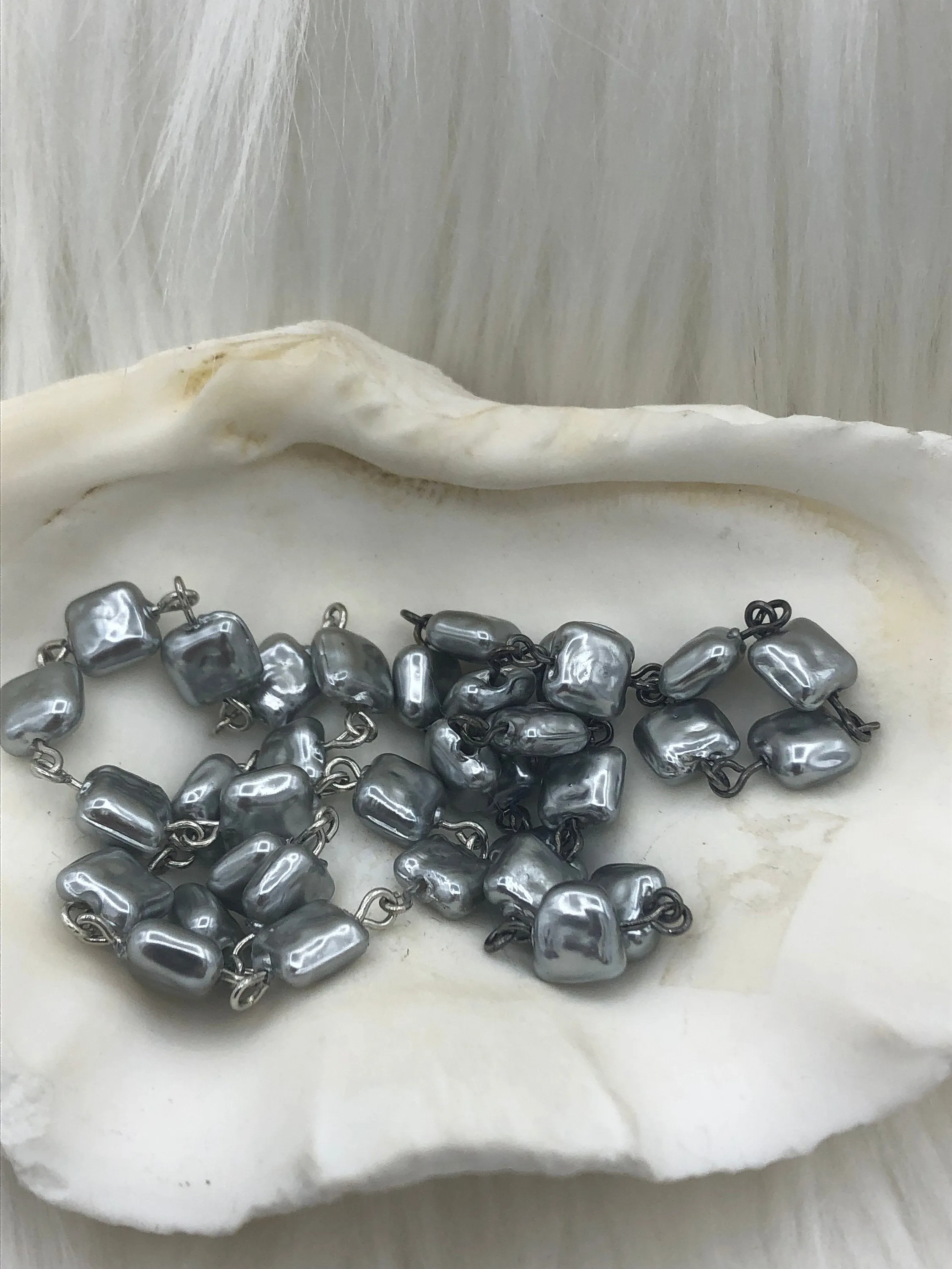 Vintage Porcelain Glass Pearl Freshwater Replica Gray Puff Square Shape Beaded Chain, 8.5mm Rosary Chain, Square Pearl by Foot Fast Ship