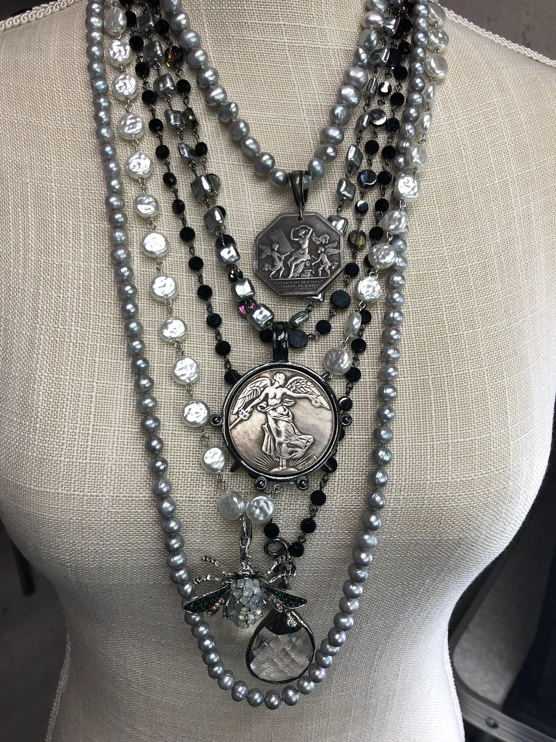 Vintage Porcelain Glass Pearl Freshwater Replica Gray Puff Square Shape Beaded Chain, 8.5mm Rosary Chain, Square Pearl by Foot Fast Ship