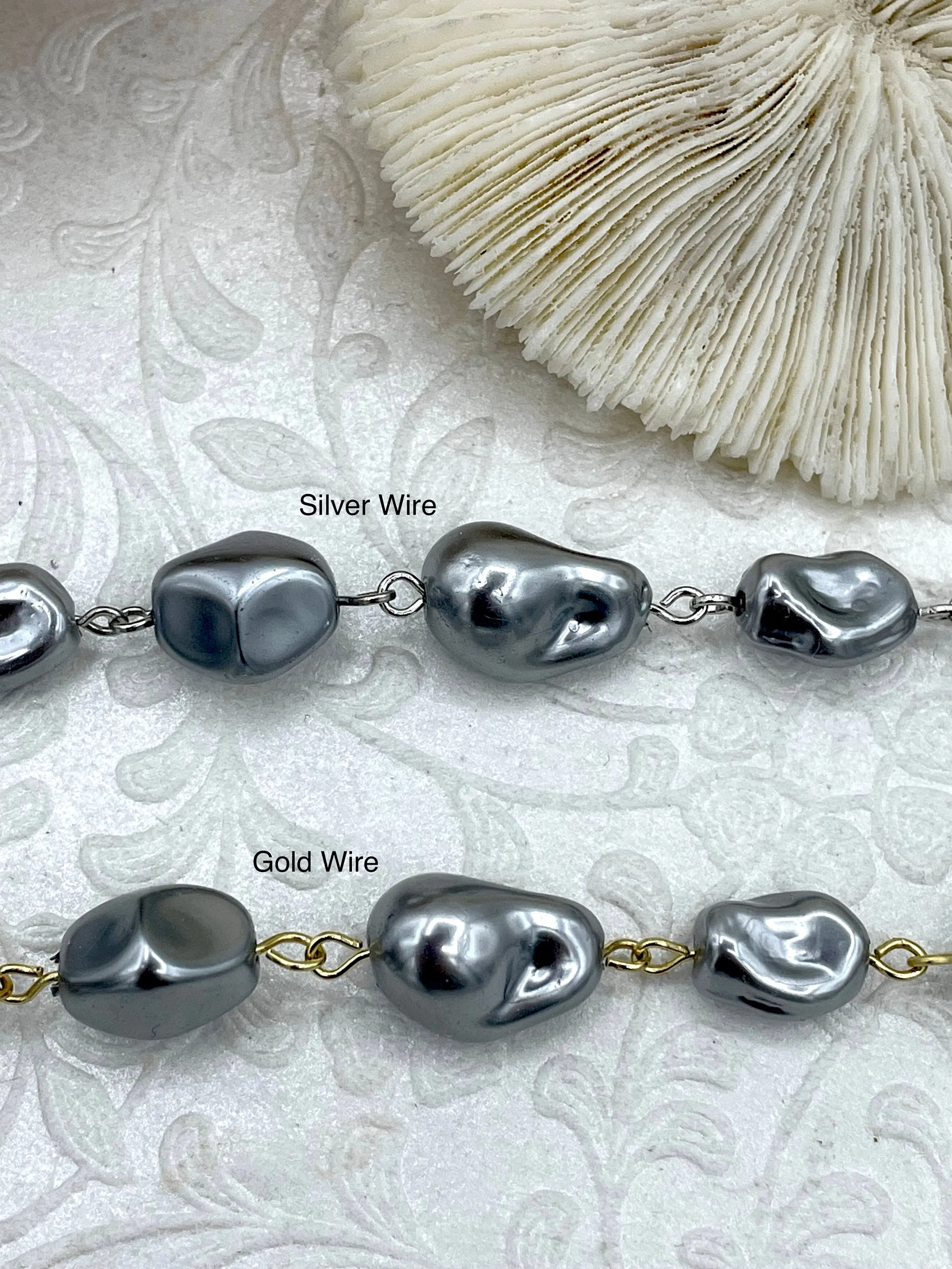 Vintage Porcelain Glass Pearl Replica Freshwater Baroque Pearl Shape Mixed Shape Beaded Chain, Rosary Chain, Grey Pearl by Foot Fast Ship