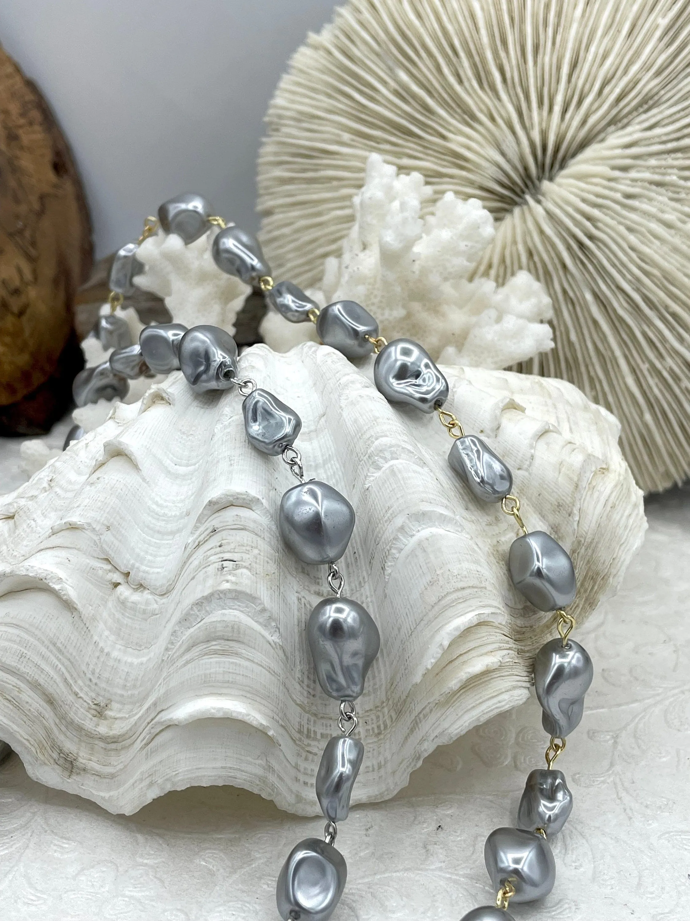 Vintage Porcelain Glass Pearl Replica Freshwater Baroque Pearl Shape Mixed Shape Beaded Chain, Rosary Chain, Grey Pearl by Foot Fast Ship
