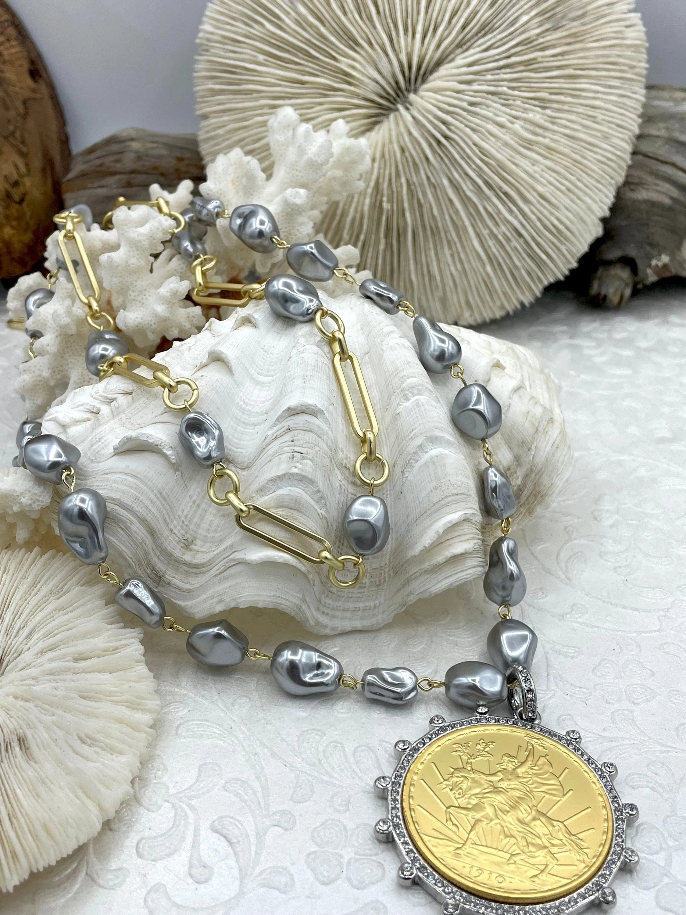 Vintage Porcelain Glass Pearl Replica Freshwater Baroque Pearl Shape Mixed Shape Beaded Chain, Rosary Chain, Grey Pearl by Foot Fast Ship