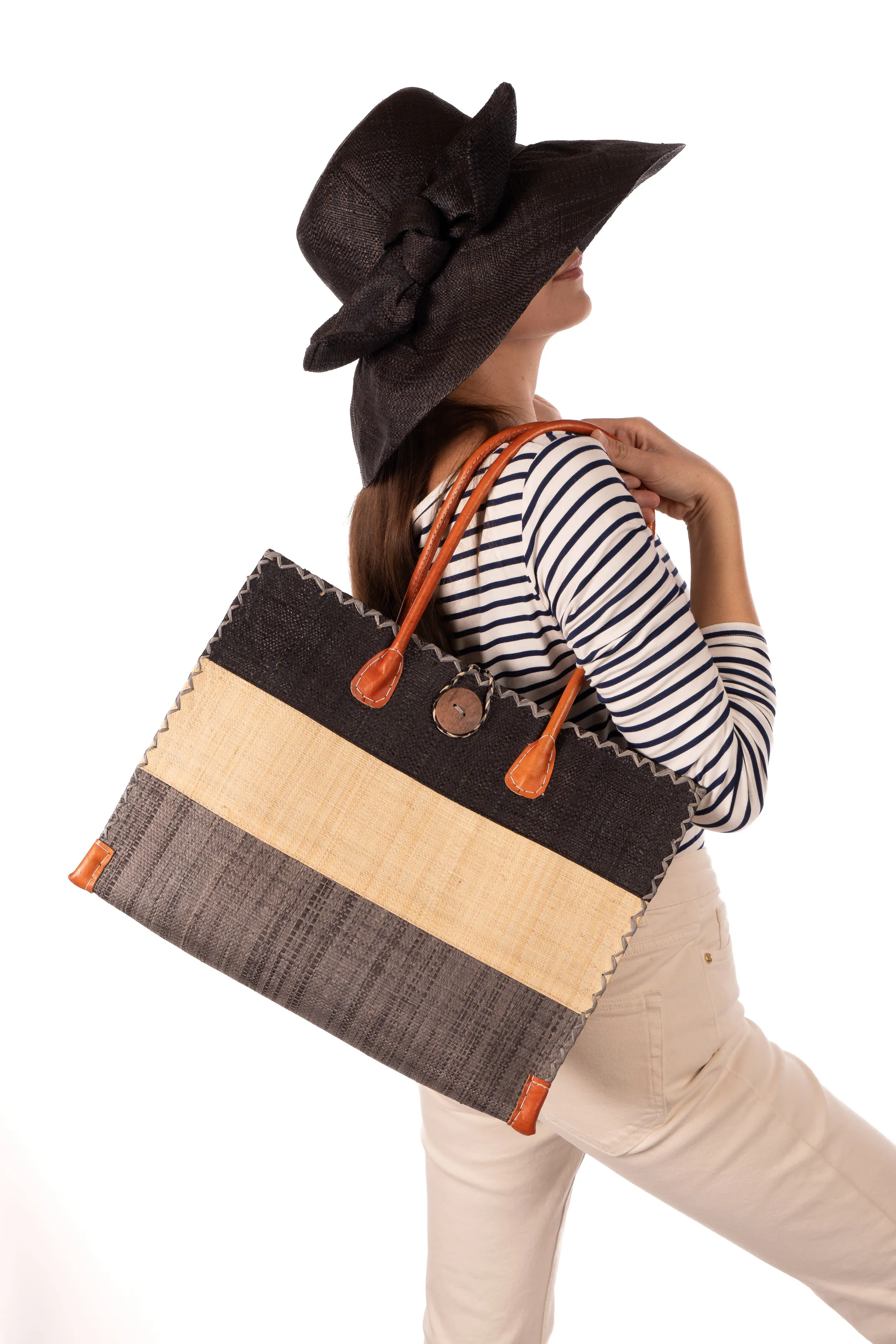 Zafran 3 Tone Color Block Straw Beach Bag